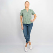 Marie Short Sleeve V-Neck Green Ditsy Floral Button Tops
