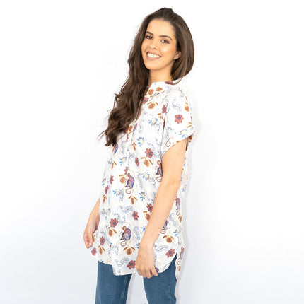 White Stuff Ivory Floral Print Billie Relaxed Linen Tunics Casual Longline Tops-Quality Brands Outlet-