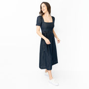 Boden Indigo Denim Short Sleeve Square Neck Belted Flare Midi Dresses