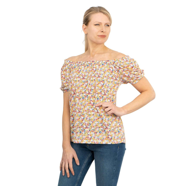 Leia Gathered Off Shoulder Short Sleeve Ditsy Floral Relaxed Tops-Quality Brands Outlet-