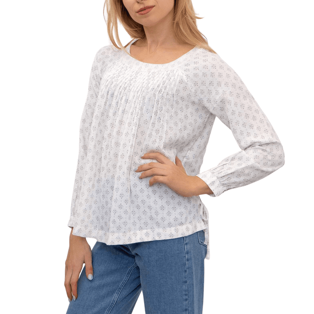 White Diamond Dot Pleated Long Sleeve Lightweight Casual Tops-Quality Brands Outlet-