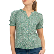 Marie Short Sleeve V-Neck Green Ditsy Floral Button Tops