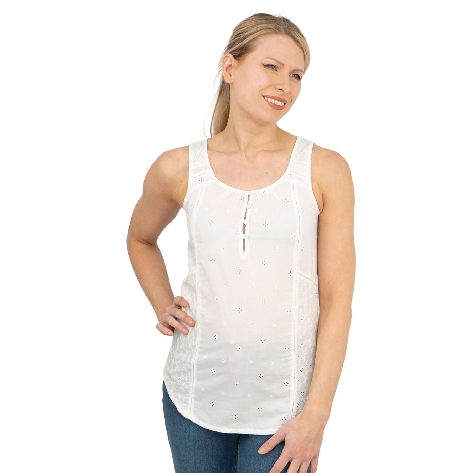 Womens White Sleeveless Lightweight Cotton Vests Floral Embroidery