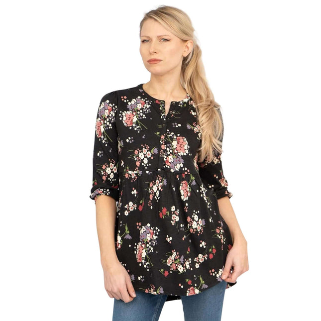Tabitha 3/4 Sleeve Black Floral Jersey Tops-Quality Brands Outlet-