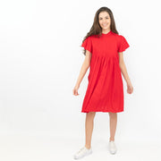 Next Textured Red Shirred Details Lightweight Relaxed Fit Knee Length Dress - Quality Brands Outlet