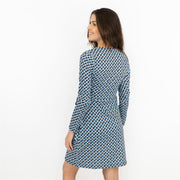 Karen Millen Blue Long Sleeve Jersey Geometric KM Logo Print Tie Wrap Dress
