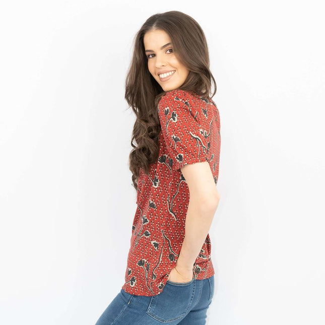 Sandra Red Pressed Flower Short Sleeve Soft Cotton Jersey Tops-Quality Brands Outlet-