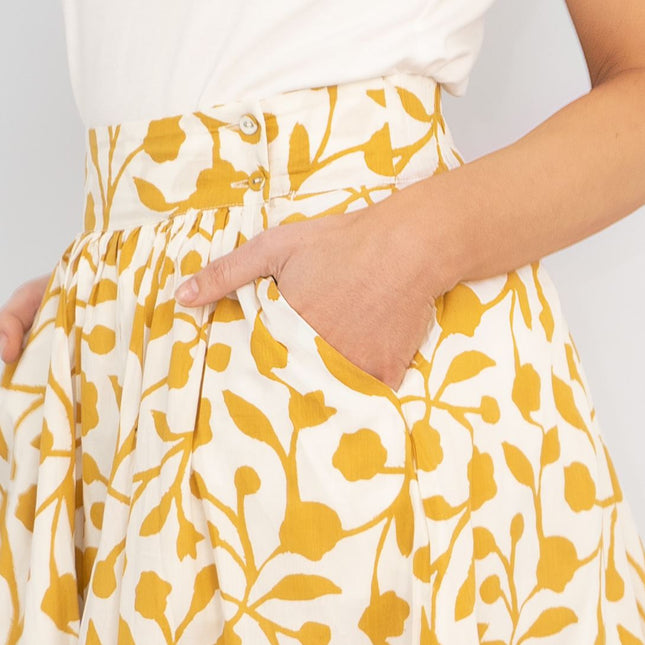 Seasalt Womens Yellow Forsythia Lightweight Cotton Summer Flare Midi Skirts with Pockets - Quality Brands Outlet