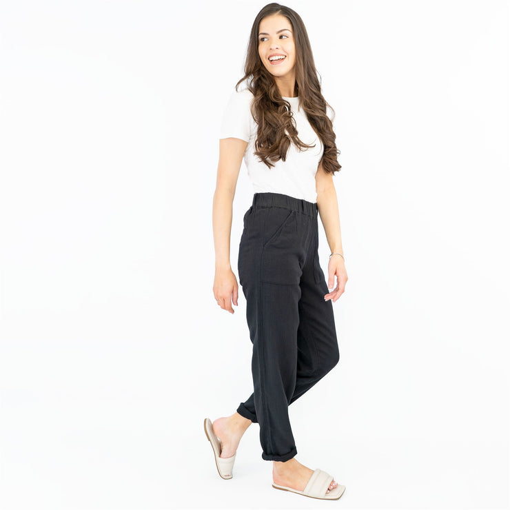 M&S Pure Cotton Tapered Ankle Grazer Elasticated Waist Black Trousers - Quality Brands Outlet