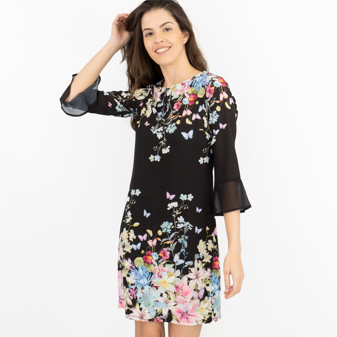 Lipsy Black Floral Print 3 4 Sleeve Short Dresses Quality Brands Outlet