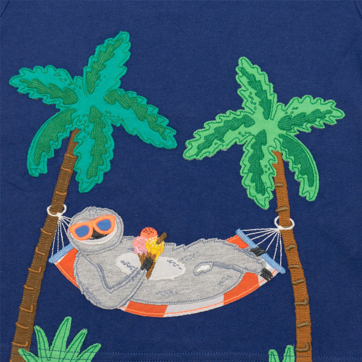 Mini Boden Boys Relaxing Sloth Holiday Navy Blue Short Sleeve Tops - Quality Brands Outlet