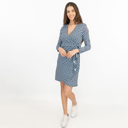 Karen Millen Blue Long Sleeve Jersey Geometric KM Logo Print Tie Wrap Dress-Quality Brands Outlet-