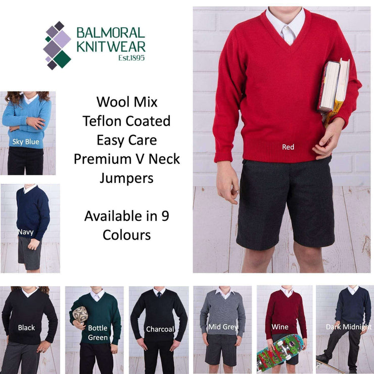 Balmoral Kids Jumper Balmoral V-Neck Wool Mix Kids Unisex Jumper Teflon Coated in 9 Colours