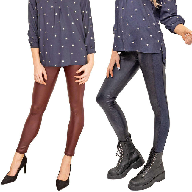 M&Co Stylish Wet Look Leggings in Navy and Berry Red-Quality Brands Outlet-