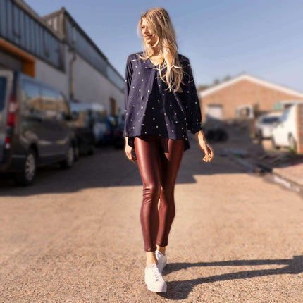 M&Co Stylish Wet Look Leggings in Navy and Berry Red-Quality Brands Outlet-