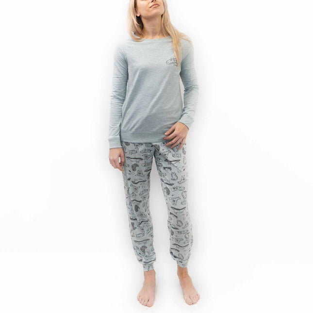 M&S Pyjama Set Long Sleeve Cat Print Cotton Jersey Relaxed Casual Trousers-Quality Brands Outlet-