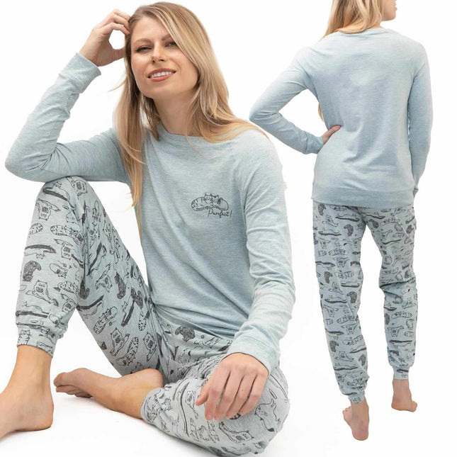 M&S Pyjama Set Long Sleeve Cat Print Cotton Jersey Relaxed Casual Trousers-Quality Brands Outlet-