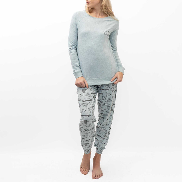 M S Womens Pyjama Set Warm Grey Cat Print Long Sleeve Soft Cotton Jersey Relaxed Casual Trousers Sleepwear Quality Brands Outlet