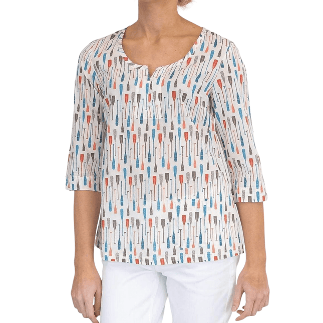 Seasalt White Summer Picture 3/4 Sleeve Notch Neck Relaxed Fit Lightweight Cotton Top-Quality Brands Outlet-