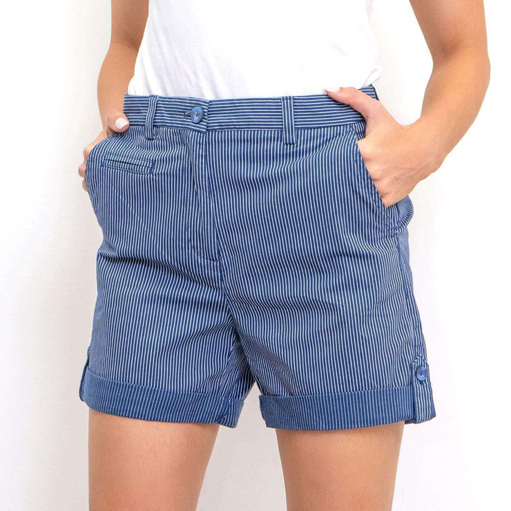 M&S Striped Cotton Mid Waist Roll Hem Blue Chino Casual Relaxed Shorts - Quality Brands Outlet