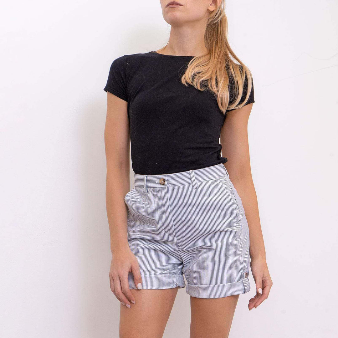 M S Womens Striped Cotton Mid Waist Roll Hem Blue Chino Casual Summer Shorts Quality Brands Outlet