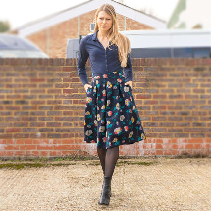 Seasalt Navy Floral Print Flare Pleats Midi Skirts with Pockets-Quality Brands Outlet-