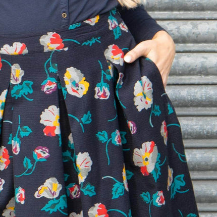 Seasalt Navy Floral Print Flare Pleats Midi Skirts with Pockets-Quality Brands Outlet-