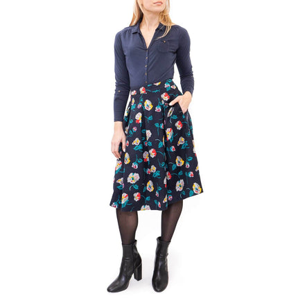 Seasalt Navy Floral Print Flare Pleats Midi Skirts with Pockets-Quality Brands Outlet-