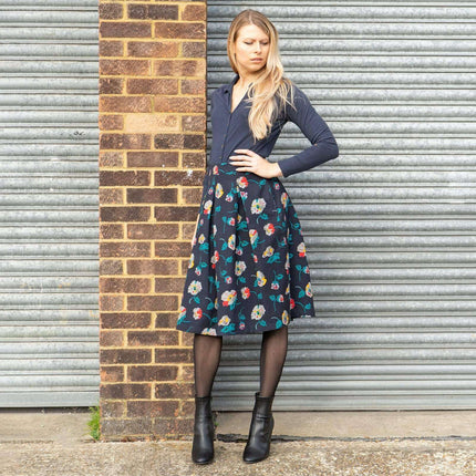 Seasalt Navy Floral Print Flare Pleats Midi Skirts with Pockets-Quality Brands Outlet-