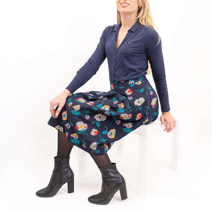 Seasalt Navy Floral Print Flare Pleats Midi Skirts with Pockets-Quality Brands Outlet-