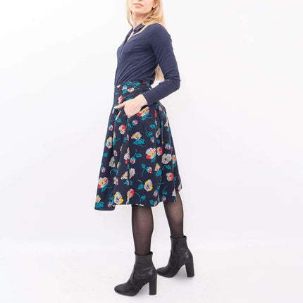 Seasalt Navy Floral Print Flare Pleats Midi Skirts with Pockets-Quality Brands Outlet-