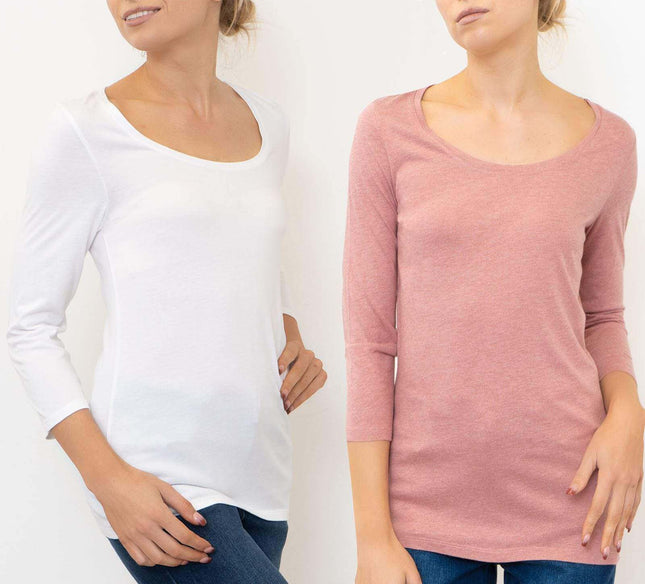 Laura 3/4 Sleeves Scoop Neck Essential Cotton Jersey Tops-Quality Brands Outlet-