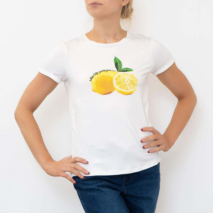 M&Co Lemons Short Sleeve Crew Neck White Cotton Top-Quality Brands Outlet-