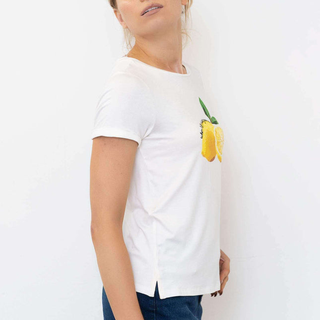 M&Co Lemons Short Sleeve Crew Neck White Cotton Top-Quality Brands Outlet-