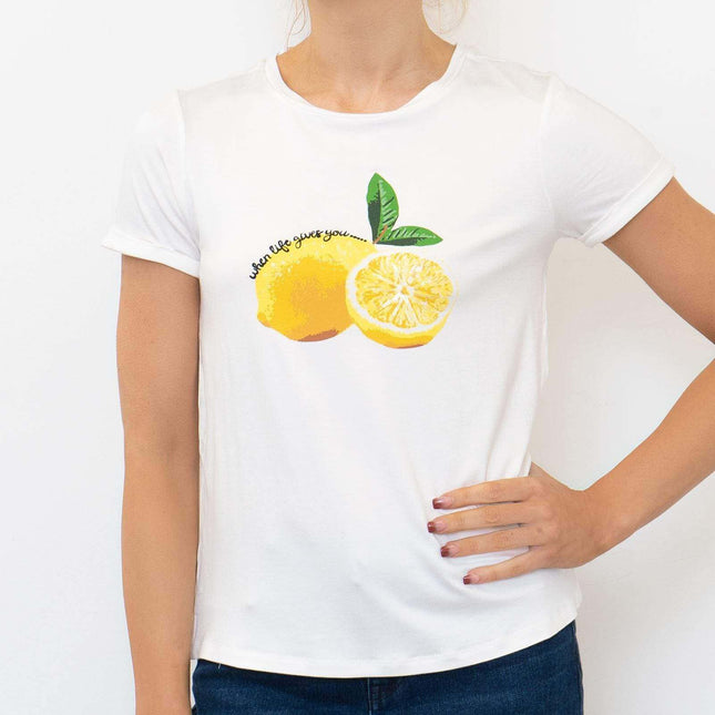 M&Co Lemons Short Sleeve Crew Neck White Cotton Top-Quality Brands Outlet-