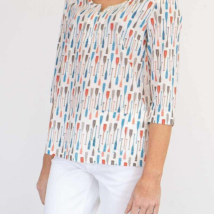 Seasalt White Summer Picture 3/4 Sleeve Notch Neck Relaxed Fit Lightweight Cotton Top-Quality Brands Outlet-