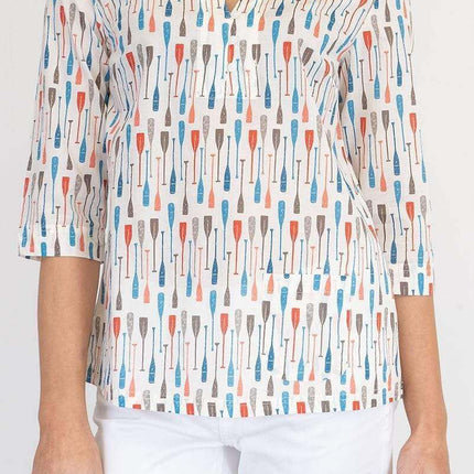 Seasalt White Summer Picture 3/4 Sleeve Notch Neck Relaxed Fit Lightweight Cotton Top-Quality Brands Outlet-