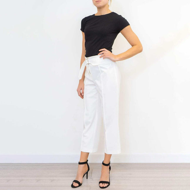 Next Ivory White Crop Belted Wide Leg Tailored Smart Trousers-Quality Brands Outlet-