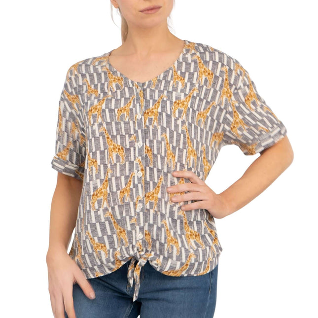 Giraffe Print Short Sleeve Relaxed Fit Tie-Knot Women's Summer Tops-Quality Brands Outlet-