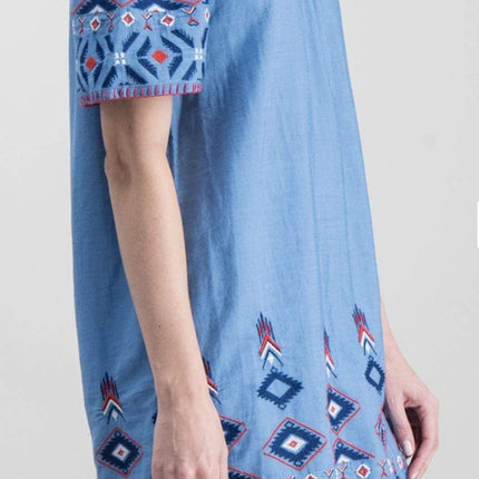 Blue Embroidered Off Shoulder Longline Tunic Top for Women-Quality Brands Outlet-