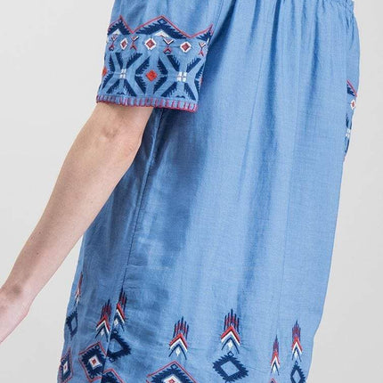 Blue Embroidered Off Shoulder Longline Tunic Top for Women-Quality Brands Outlet-