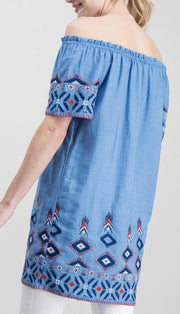 TU Blue Embroidered Off Shoulder Longline Tunic Top - Quality Brands Outlet
