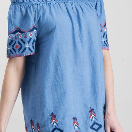 Blue Embroidered Off Shoulder Longline Tunic Top for Women-Quality Brands Outlet-