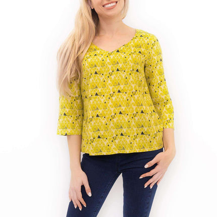 White Stuff Coffee Break Lime Green Scoop Neck 3/4 Sleeve Cotton Tops-Quality Brands Outlet-