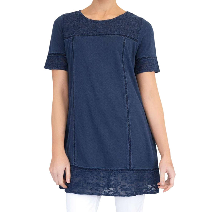 White Stuff Navy Lace Short Sleeve Tunic Longline Casual Cotton Top