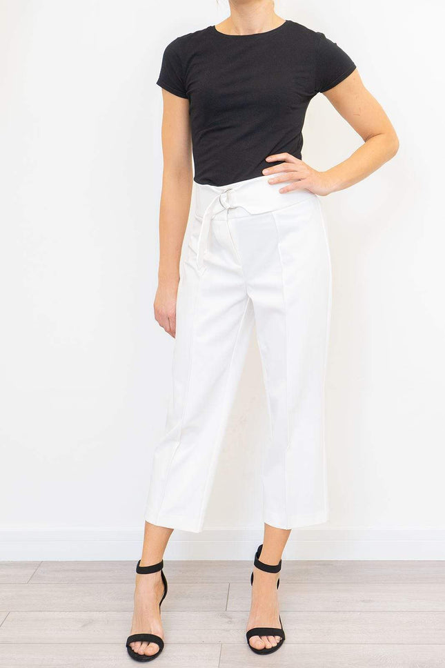 Next Ivory White Crop Belted Wide Leg Tailored Smart Trousers-Quality Brands Outlet-