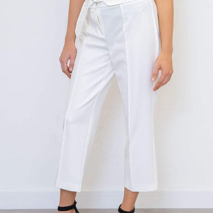 Next Ivory White Crop Belted Wide Leg Tailored Smart Trousers-Quality Brands Outlet-
